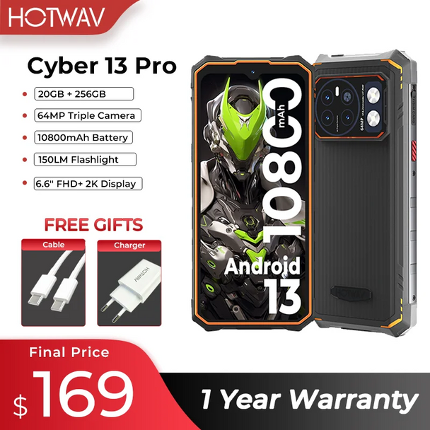 HOTWAV Rugged Smartphone Android Global Version 150LM Flashlight 20GB+256GB 6.6'' FHD+ 2K 10800mAh 64MP Cyber 13 Pro Cellphones