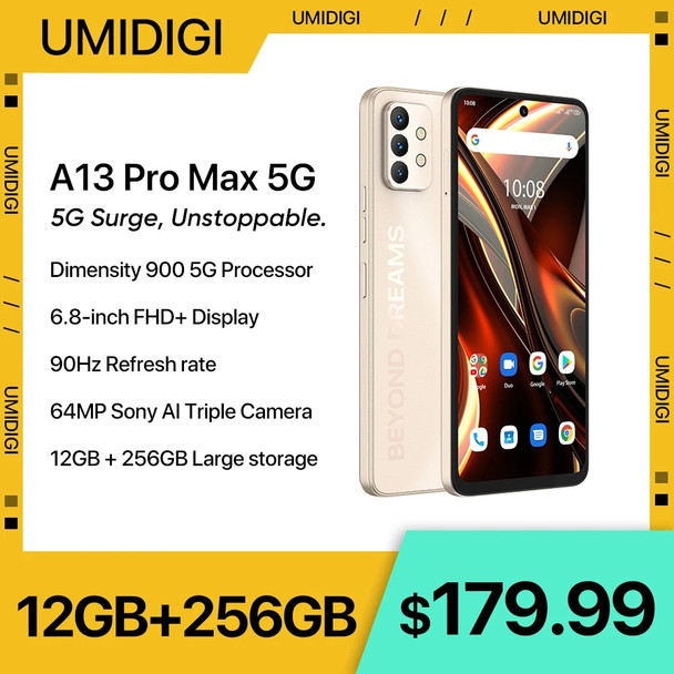 [In Stock] UMIDIGI A13 Pro Max 5G Smartphone,12GB+256GB Dimensity 900, 90Hz 6.8'' FHD+ Display 64MP Triple Camera Cell Phone