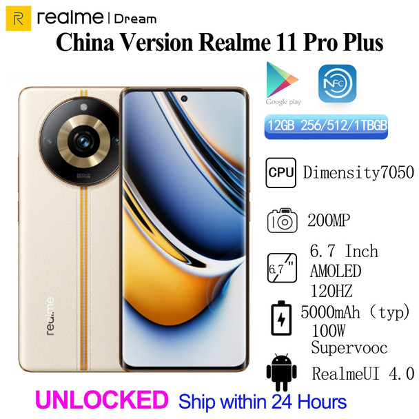 Unlocked Global Rom Realme 11 Pro Plus 5G 200MP Camera 6.7 Inch AMOLED HDR10+ MTK Dimensity7050 5000mAh 100W SuperVOOC NFC OTA