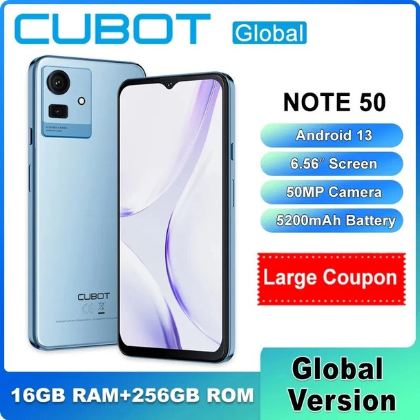 Cubot NOTE 50 Smartphone ,6.56“ Screen,Unisoc T606, 16GB RAM+256GB ROM,50MP Camera ,5200mAh Battery ,Android 13,NFC 4G Cellphone