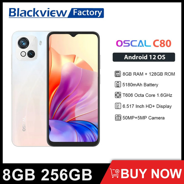 Blackview Oscal C80 8GB+128GB Smartphone 50MP Camera 6.5 Inch 90Hz Display 5180mAh Cellphones Octa Core Android 12 Mobile Phone