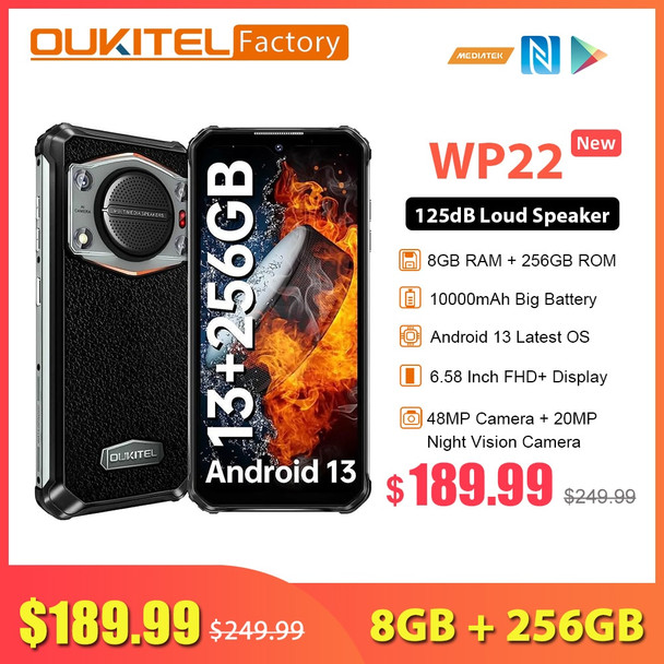 OUKITEL WP22 8GB 256GB 10000mAh Smartphone Helio P90 Mobile Phone 125dB Super Loud Speaker 6.58" FHD+ 48MP NFC Cellphones