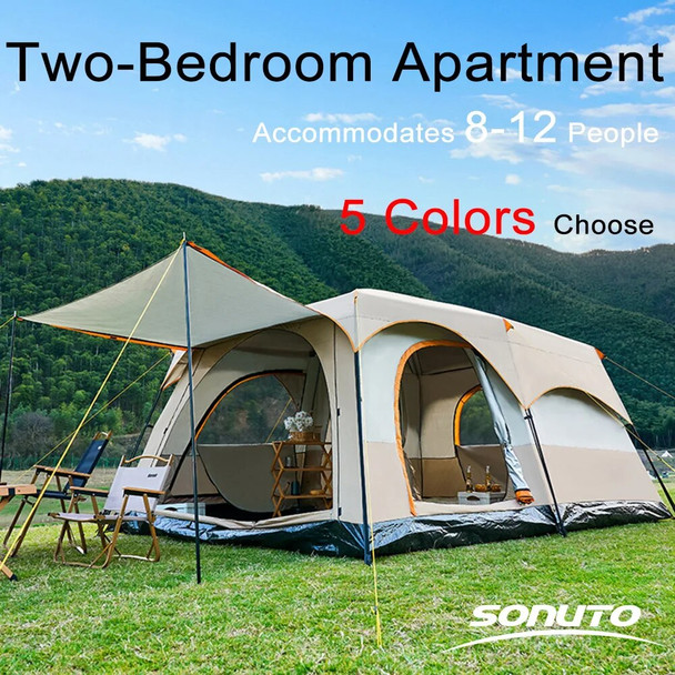 Sonuto Camping 5 Colors Tent 3-12 Person Double Layers Oversize 2 Rooms Thickened Rainproof Outdoor Family Camp Tour Equipment