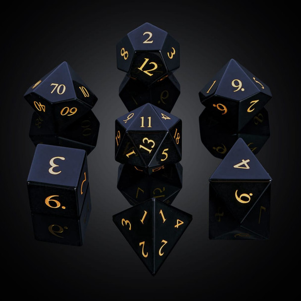 Cusdie 7-Die Handmade Obsidian Dice, 16mm D4-D20 Polyhedral Stone Dice Set with Leather Box, Gemstone D&D Dices for Collection