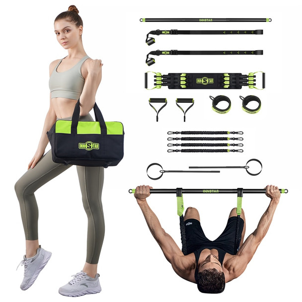 INNSTAR Resistance Band Kit with Workout Bar Portable Home Gym Fitness Equipment Bench Press Elastic Bands Suspension Trainer