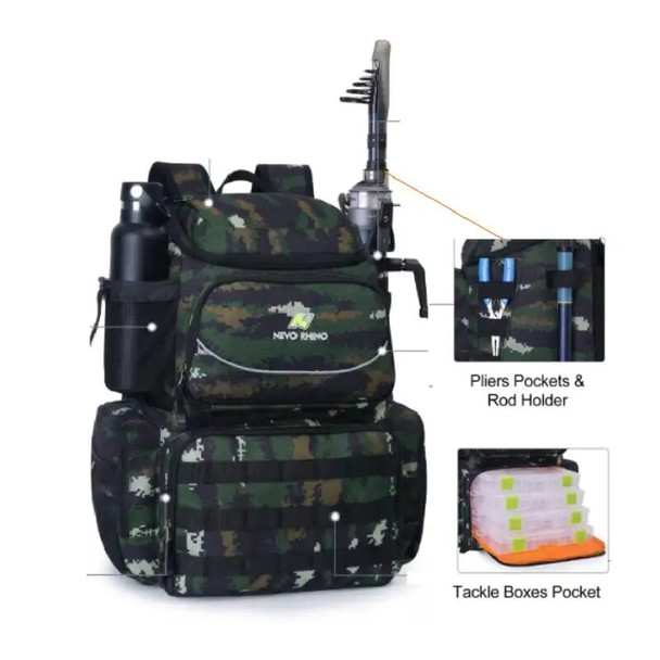 Fishing Camping Tackle Backpack with 4 Trays Large Waterproof Lure Bag with Protective Rain Cover and 4 Tackle Box Tactical Bag