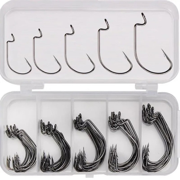 50pcs/ Box 5 Style Sea Fishing Box Mustad Offset Hook 2# 1# 1/0# 2/0# 3/0# Carp Snap Fishing Big Hooks Tackles Fish Hook Sets