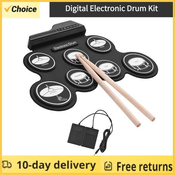 Folding Music Drums Hand Roll USB Electronic Silicon Drum Portable Practice Drums Kit 7-Pad Kit With Drumsticks Sustain Pedal 4
