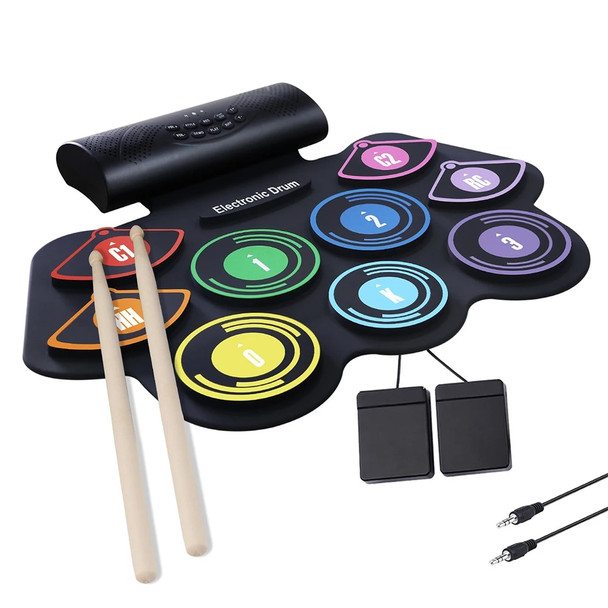Portable Drum Set Built-in Stereo Speaker Silicon Drum Pad Electronic Drum Kit 9/7-Pad with Drumsticks Foot Pedals Digital Drum