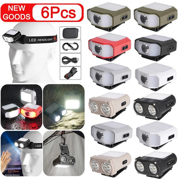 6 Set Mini COB LED Head Lantern Sensor Cap Clip on Light Flashlight Portable 500LM 5 Modes Outdoor Waterproof Camping Head Lamps