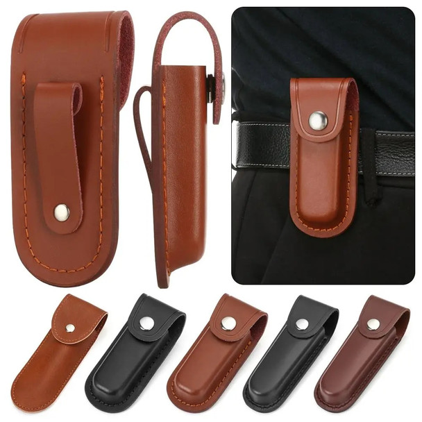 Brown Fold Knife Scabbard Tool Flashlight Belt Loop Case Holder Leather Sheath Pocket Hunt Camp Outdoor Carry Equipment