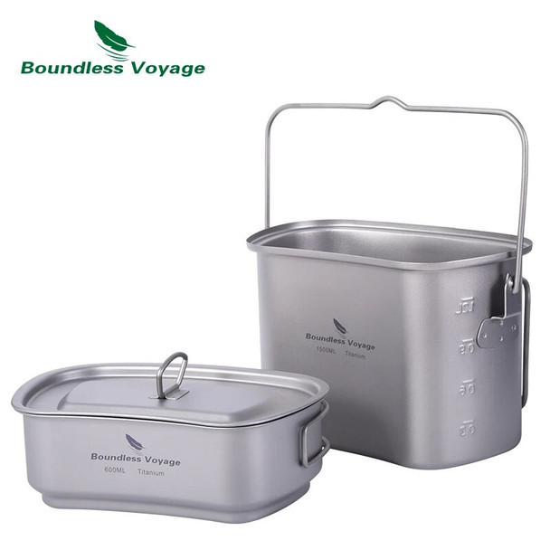 Boundless Voyage Camping Titanium Pot Set 1500ml & 600ml Military Cup Bowl with Lid Outdoor Travel Cookware Cooking Kit Canteen