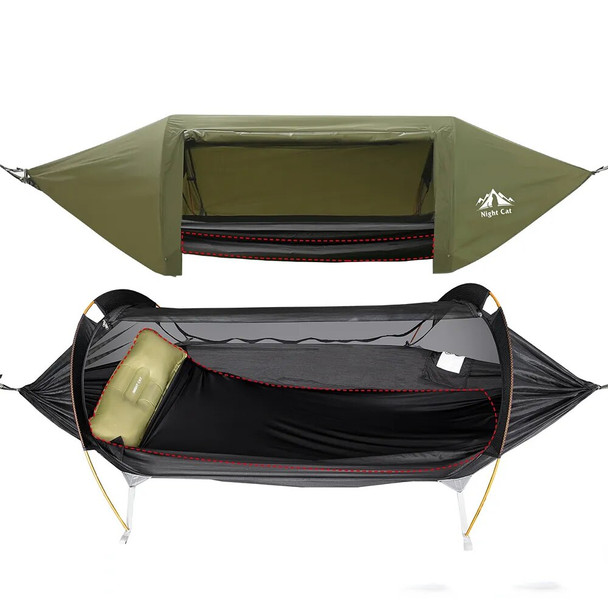 Night Cat 2 Person Waterproof Camping Hammock with Rain Fly and Bug Net Hammock Tent with Storage Pocket for Sleeping Pad