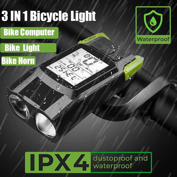 3 In 1 Bike Computer with LED USB Rechargeable Bike Light Waterproof Bicycle Horn Speedometer Bicycle Lamp for MTB Road Bike