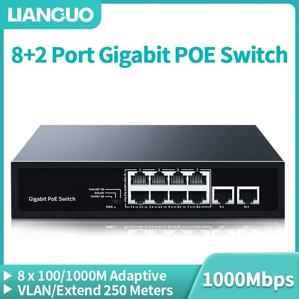 LIANGUO 8 Port Gigabit POE Switch 2 Port 1000M Uplink Networking Switcher Hub Internet Splitter Plug and Play for Surveillance