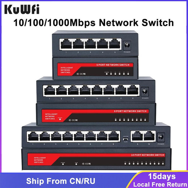 KuWFi Gigabit Network Switch 1000Mbps Ethernet Switch 5/8/10 Port RJ45 LAN Hub Desktop Fast Switch for Office Dormitory Home