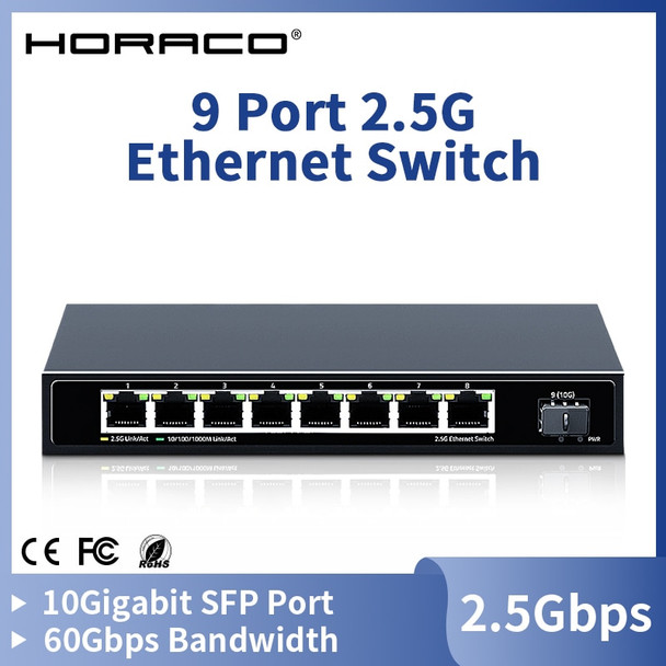 HORACO 8 Port 2.5G Ethernet Switch 2.5GBASE-T Network Switcher 10Gigabit Uplink Plug and Play Hub Internet Splitter Fanless