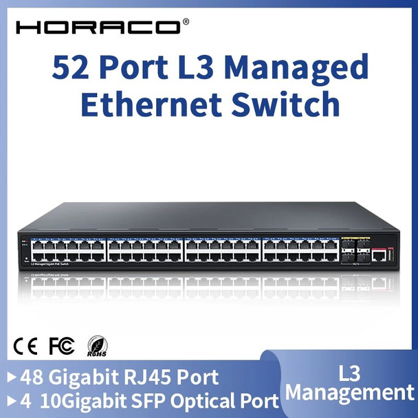 HORACO 52 Port L3 Managed Ethernet Switch 10G Uplink SFP Network Switcher 48 Port Gigabit Management Hub Internet Splitter