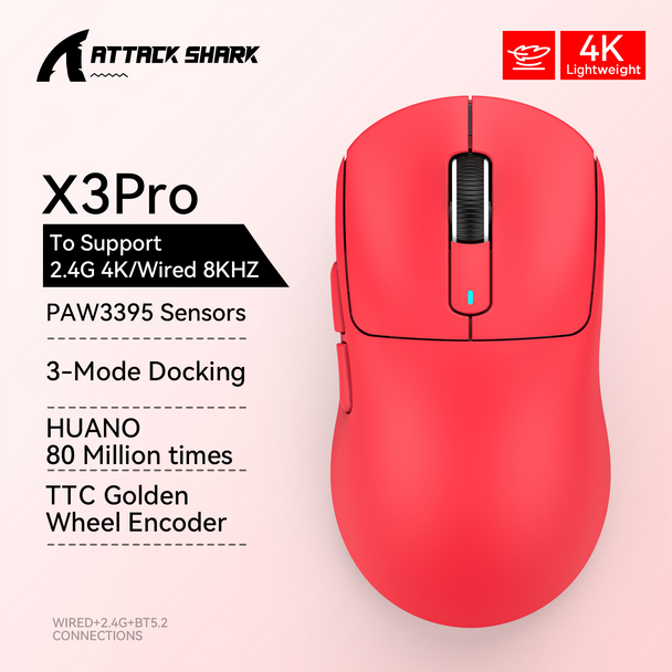 X3 PixArt PAW3395 Bluetooth Mouse 2.4G Tri-Mode Connection, 26000dpi, 650IPS, 49g Lightweight Macro Gaming Mouse