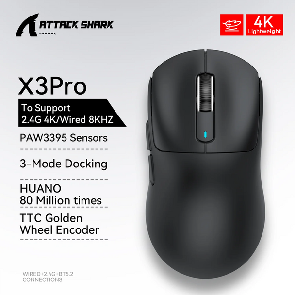 Attack Shark X3 Bluetooth Mouse , 49g Lightweight , PixArt PAW3395, Tri-Mode Connection, 26000dpi, 650IPS, Macro Gaming Mouse