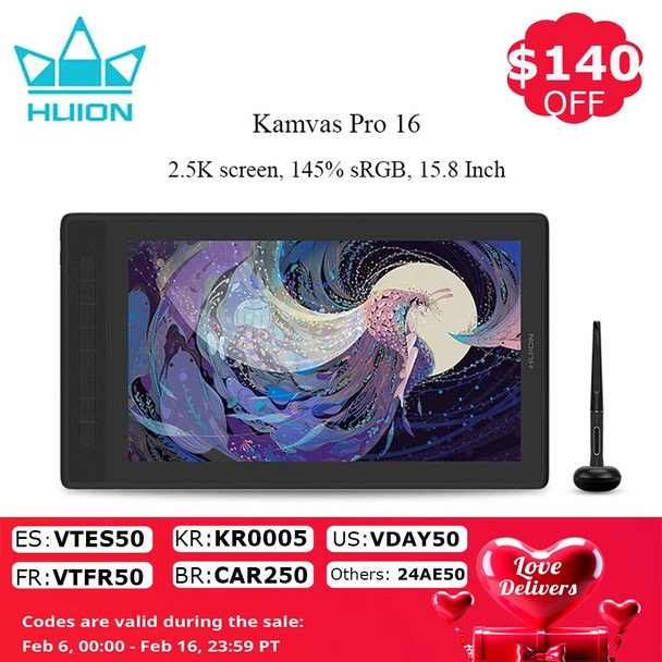 HUION Kamvas Pro 16 2.5K Drawing Monitor 145% sRGB QHD Screen Graphics Tablet Display 15.8 Inch Full Laminated Battery Free Pen