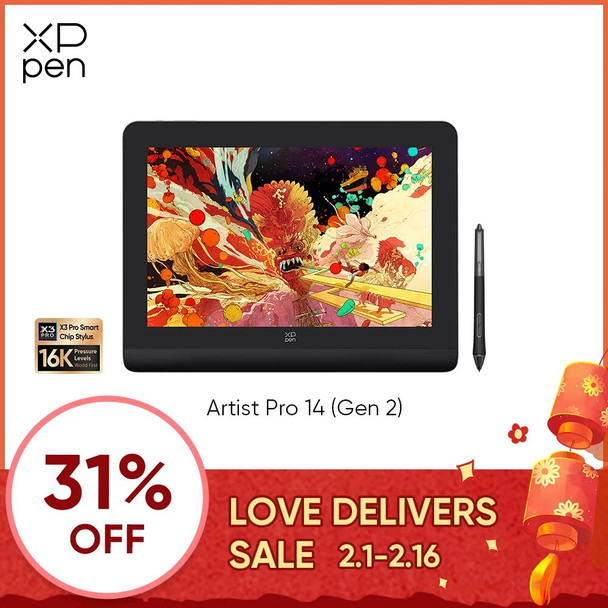 XPPen Artist Pro 14 16K Pressure Levels Graphic Tablet Monitor Free Keyboard Stand Support Tilt Android Windows Mac Eyes Comfort
