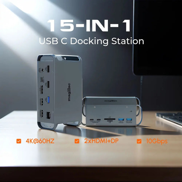 USB C Docking Station Type C Hub Dual HDMI DP 4K 60HZ Triple Display 10Gbps Laptop Dock for Lenovo Dell HP 65W AC Power Adapter
