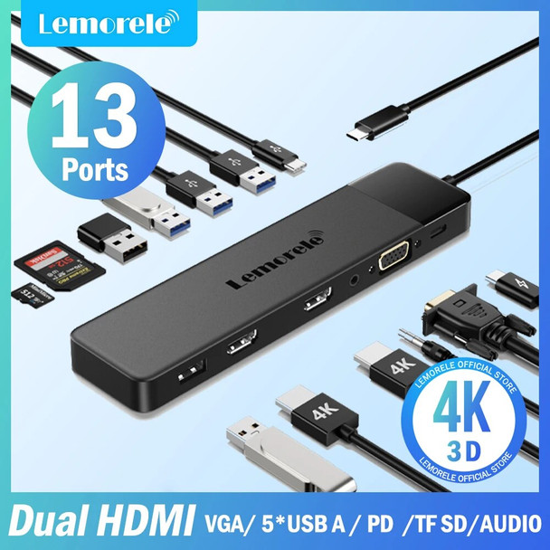 Lemorele 13Ports USB Hub Type C Hub USB Docking Station Dual HDMI 4K30Hz VGA USB3.0 Adapter for Macbook Windows Laptop Hub