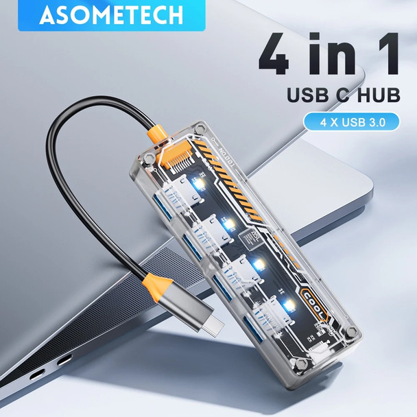 Transparent 4 in 1 USB 3.0 HUB Type C HUB To USB3.0 Type-C 4xUSB High Speed Splitter Box 4 Ports Usb Charging Adapter For PC