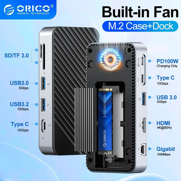 ORICO M.2 NVMe SSD Case USB C HDD Docking Station with Cooling SSD Enclosure 10Gbps PD100W RJ45 SD/TF 4K for Laptop Macbook Pro