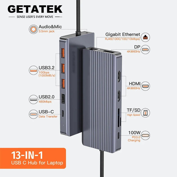Getatek 13-in-1 USB C Hub Type C to 4K60Hz HDMI Port USB 3.2 Hub Card Reader Docking Station Laptop Accessories for Macbook Pro