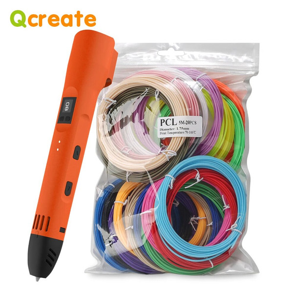 QCREATE 3D Pen Supports 1.75mm PLA PCL Filament LCD Screen Temperature And Speed Regulation Includes 100Meters Consumables