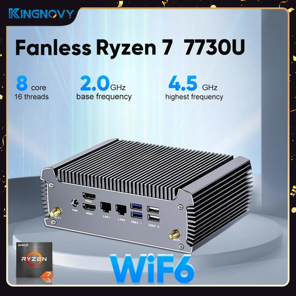 Fanless Mini PC AMD Ryzen 7 7730U 7530U Barebone PC Desktop Gaming Computer Dual LAN Firewall Router Windows 11 HTPC 2x4K WiFi6