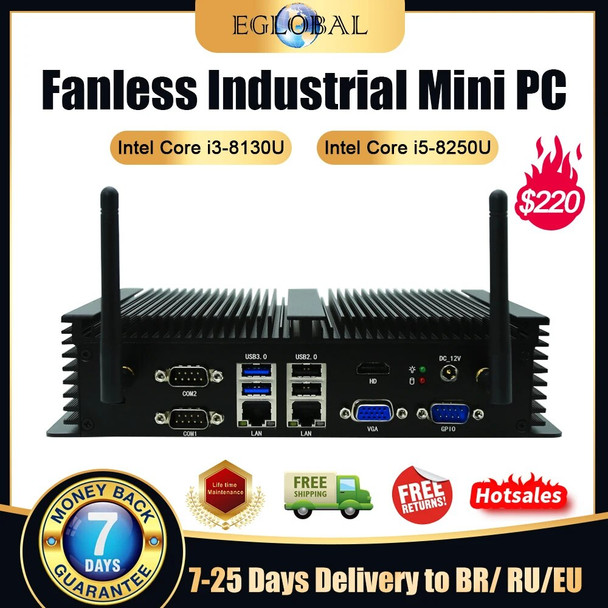 Eglobal Fanless Industrial Barebone mini pc Intel Core I7 4578U 2xRJ45 Intel 2.5G LAN and 6xRS232 COM 3G/4G Wi-Fi