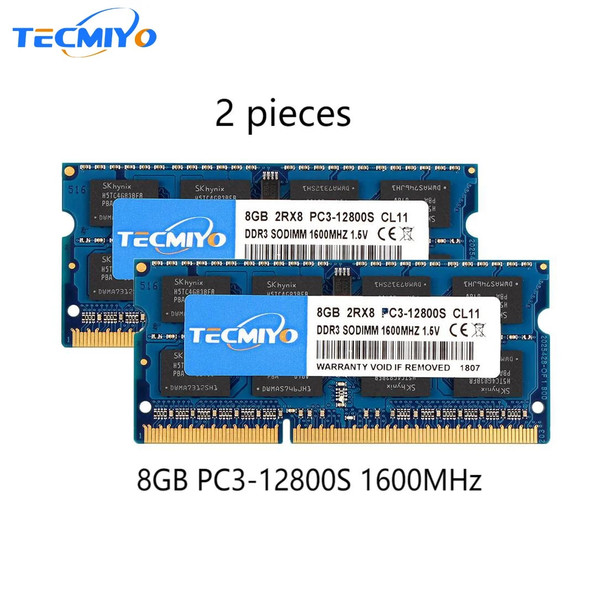 High Quality Tecmiyo Laptop Memory Ram 16GB ( 2X 8GB ) DDR3 1600MHz PC3-12800S 2RX8 SODIMM 1.5V Non-ECC Notebook Memoria - Blue