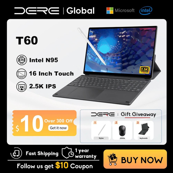 DERE T60 Tablet Laptop 16-inch Touch Screen 2.5K IPS Intel Celeron N95 12GB DDR5 1TB SSD Office Learning Windows 11 Notebook