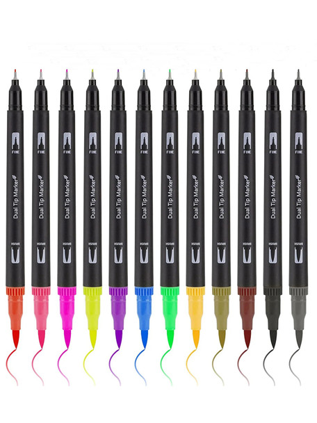 Bview Art 12 Coloring Brush and Fine Tip Art Marker Set Dual Brush Pens for Calligraphy, Drawing, Manga, Bullet Journal