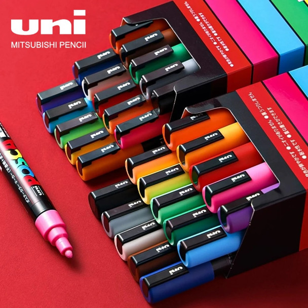 Japan UNI POSCA Marker Pen Stackable Color Graffiti Draw Advertising Pen PC-1M/3M/5M 21/24 Color Set Art Supplies Accessories