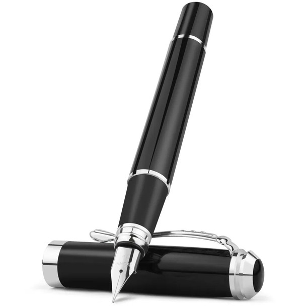 STONEGO 0.38mm Extra Fine Nib Fountain Pen, Black Metal Calligraphy Writing Gift Pen