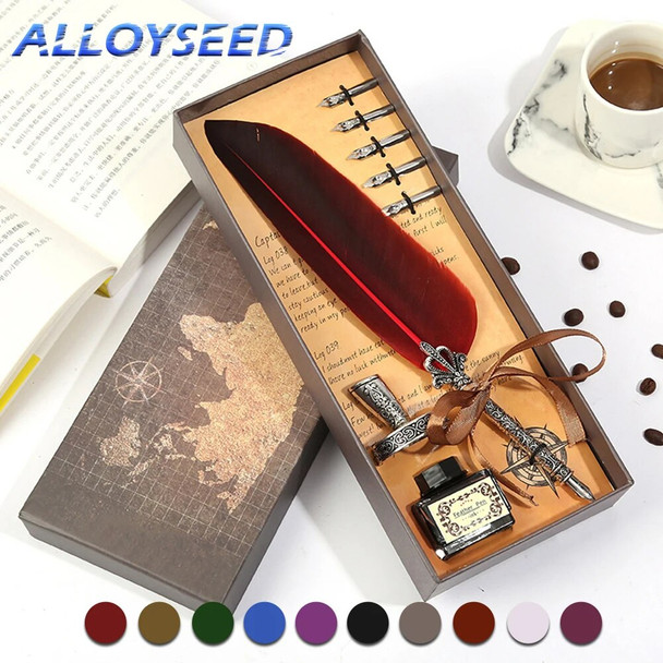 1Set Retro Vintage Calligraphy Feather Dip Pen Fountain Pens Writing Ink Set Stationery Quill Creative Vintage Pen Free Shipping