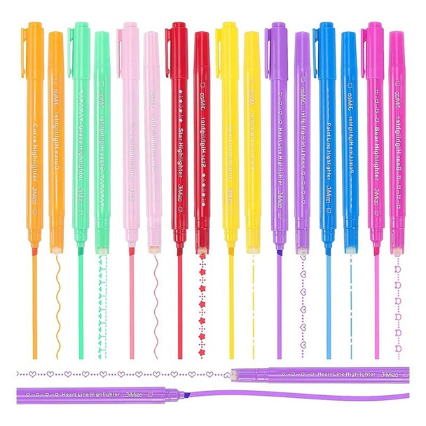 16 Pcs Dual Tip Markers Pen Highlighters Set With 8 Different Curves For Coloring, For Kids