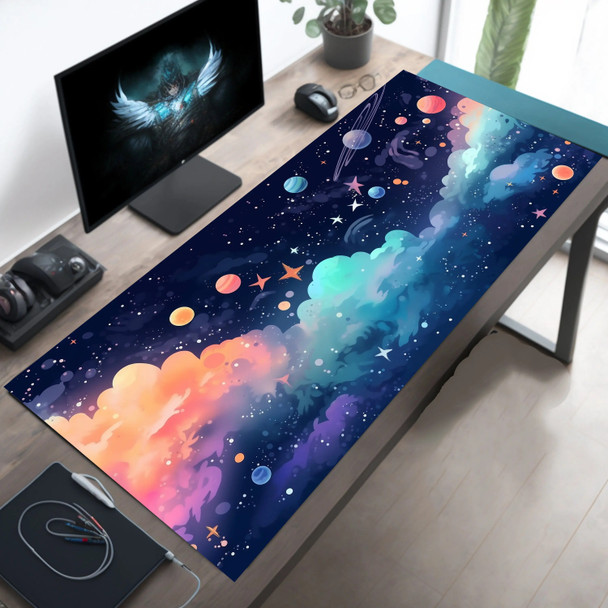 New Astronaut Desk Mat, Starry Sky Cherry Blossom Game Mat, Mouse Pad, Non-slip Writing Mat, Waterproof Office Decoration.