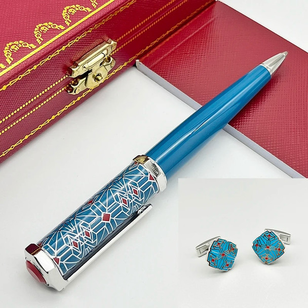 LAN CT Ballpoint Pen Cufflinks Set Heptagon Blue / Green Barrel Luxury Red Rhombus Net Pattern Silver Trim With Serial Number
