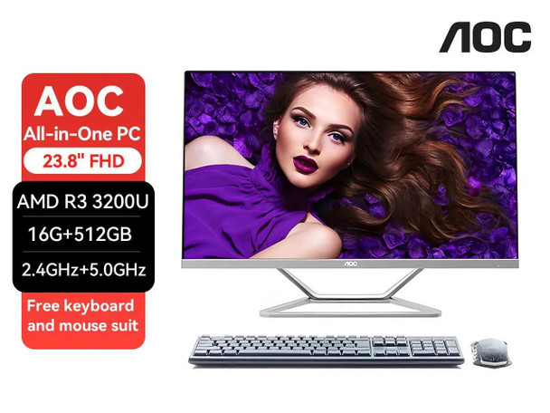 AOC All-in-One PC Desktop Computer AMD 3200U + 16G RAM + 512G SSD LCD Screen, Gaming PC, DDR4 , PC Gamer, Windows 11, 24 in.