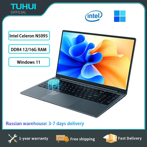 TUHUI 15.6 Inch Gaming Laptop Intel Celeron N5095 Notebook DDR4 16G 12G RAM 512G 1T SSD Win11 Business Office Portable Computer