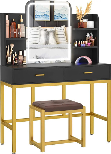 Vanity Desk with LED Lighted Mirror, Vanity table with Cushioned Stool, Modern Dressing Table with 2 Storage Drawers for Bedroom