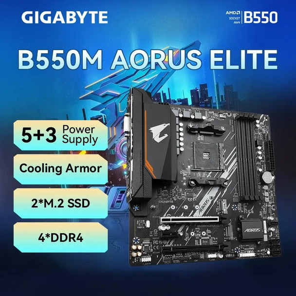 GIGABYTE B550M AORUS ELITE Motherboard AMD AM4 For Ryzen 3/4/5 Series CPU 4*DDR4, PCI-E 4.0 X16 ,4XSATA3.0 ,2xM.2, HDMI/DVI