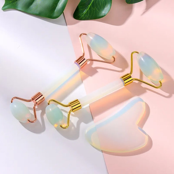 Opalite Quartz Crystal Roller for Face and Gua Sha Set - Beauty Cosmetic Facial Skin Roller Opal Jade GuaSha Care Massager Tool