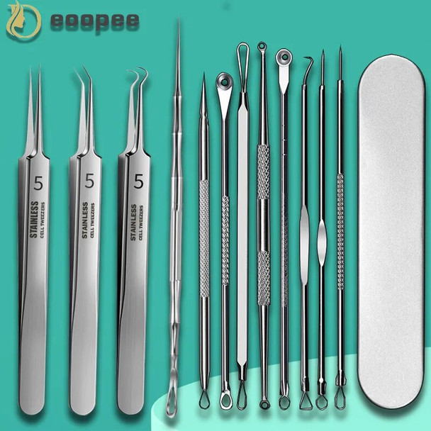 11Pieces Professional Tweezers Acne Remover German Ultra-fine No. 5 Cell Pimples Blackhead Clip Facial Pore Cleaning Care Tool