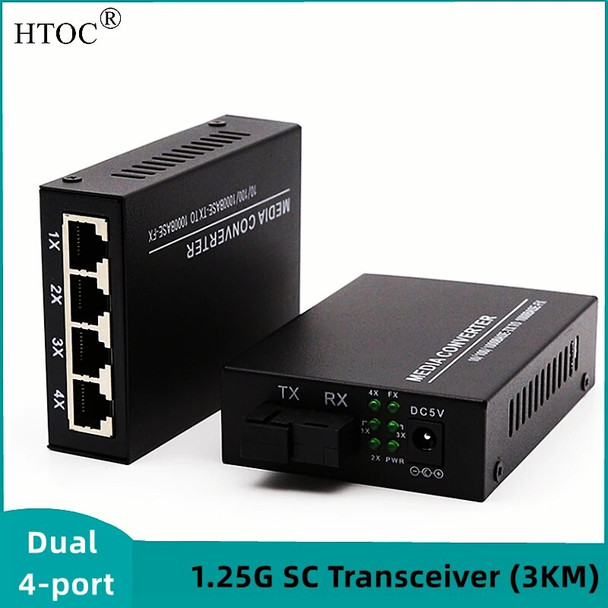 HTOC Double Ended 4 Port RJ45 Gigabit Ethernet Fiber Media Converter Built-in UTP Module SC 10/100/1000M Single Mode (3KM)